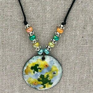 Hand-Painted Ceramic Pendant Necklace With Beaded Accents & Adjustable Cord Frog